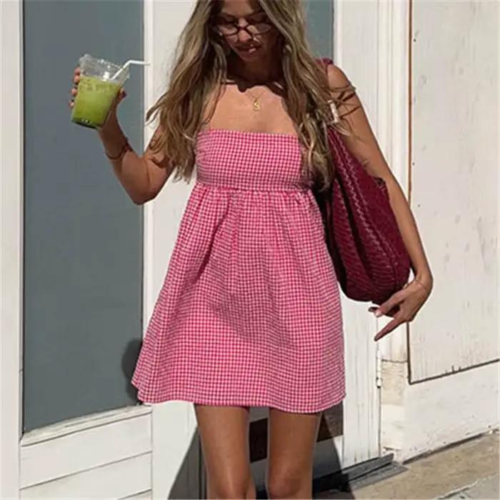 Femmes vichy Mini robe Cami Plaid Spaghetti sangle dentelle garniture robe courte col carré dos ouvert mignon robe de soirée