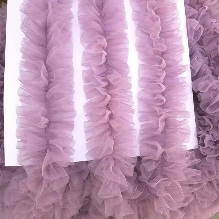 Jupe évasée en gaze double couche violet prune de 9 cm de large avec volants
