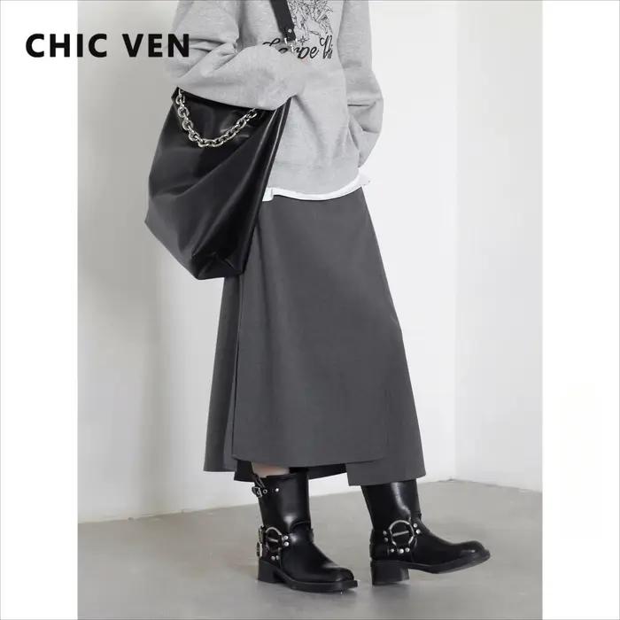 CHIC VEN nouvelles femmes jupes ample décontracté solide Tube droit conception fente irrégulière femme jupe dames vêtements printemps automne 2025