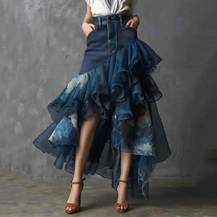 Jupe longue asymétrique en jean et tulle à volants pour femme