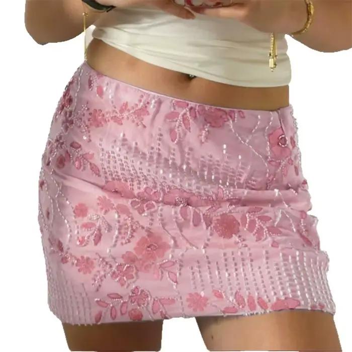Jupe courte en maille à paillettes et perles pour femmes, jupe douce et épicée