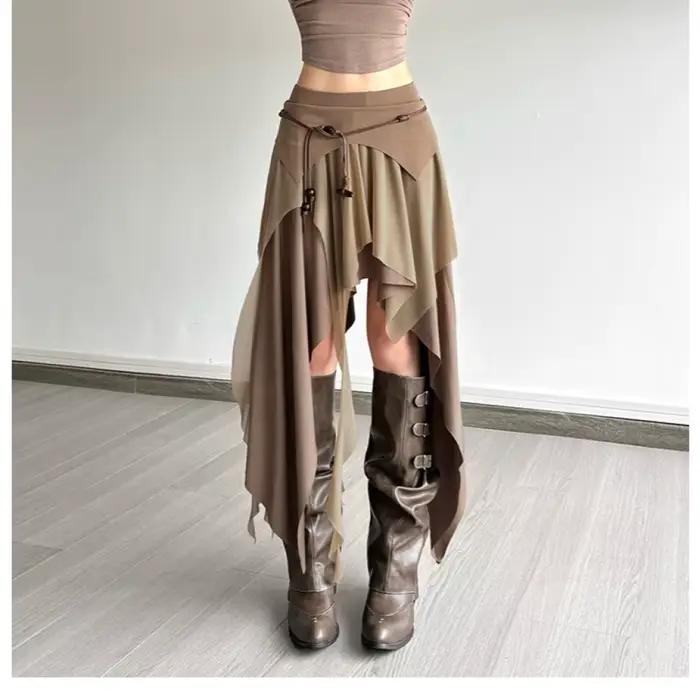 Froncé élégant jupes longues femmes haute rue Style solide irrégulière ourlet fendu taille