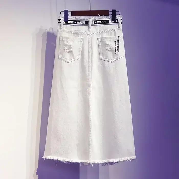 Jupe en jean blanche pour femmes, jupes longues avec lettres imprimées, style coréen, mode gothique, nouveau