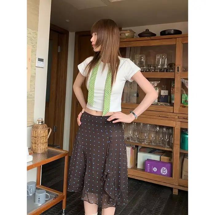 Jupe midi en mousseline de soie transparente à volants irréguliers et imprimé pois taille haute pour femme