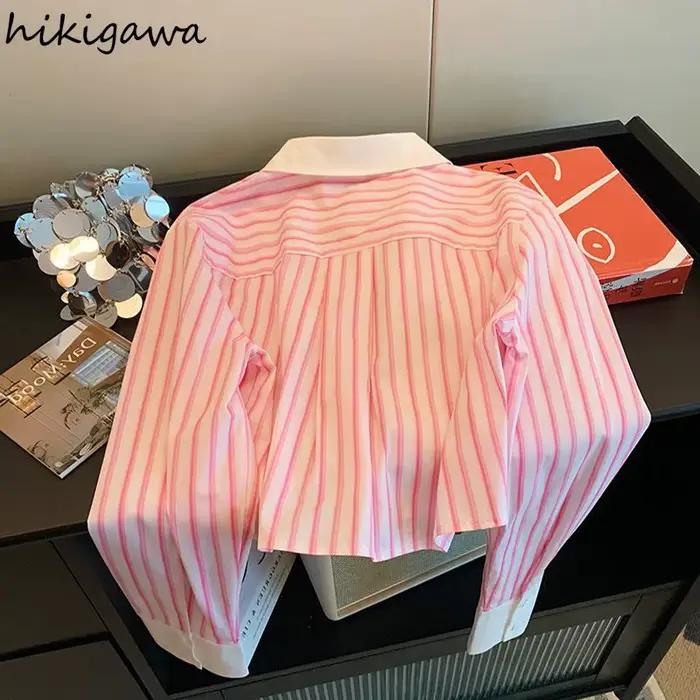 Rose rayé femmes hauts à manches longues tempérament Blouses 2025 Blusas Mujer De Moda mode décontracté été recadrée chemises Blouse