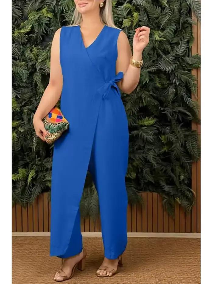 Femme combinaison décontractée col en v sans manches à lacets combinaisons pour femmes mode bureau vacances femmes vêtements combinaisons été nouveau