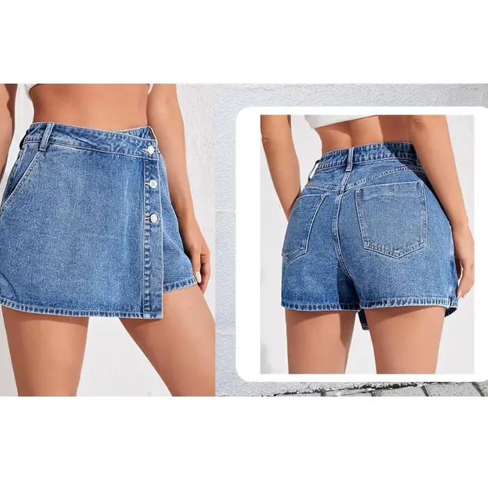 Jupe-short en jean taille haute pour femme avec détail boutonné asymétrique et ourlet effiloché – Tenue décontractée et tendance pour l'été