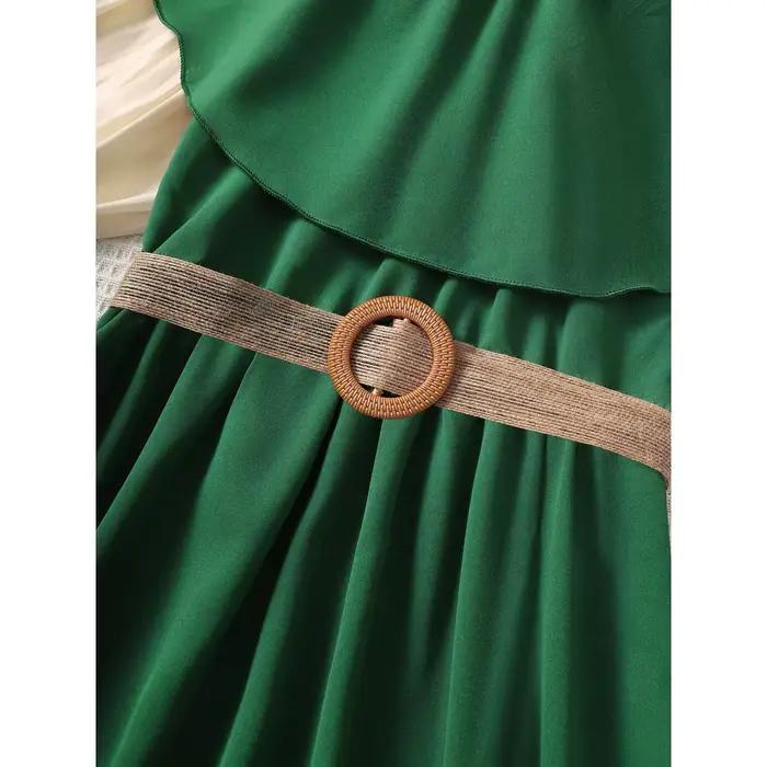 Robe de princesse pour filles de 8 à 12 ans, épaules dénudées, verte, avec ceinture, pour enfants filles, école d'été, tenue trapèze décontractée quotidienne