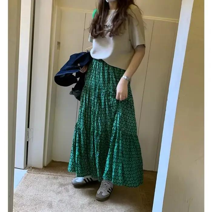 Jupe longue maxi vert floral pour femme