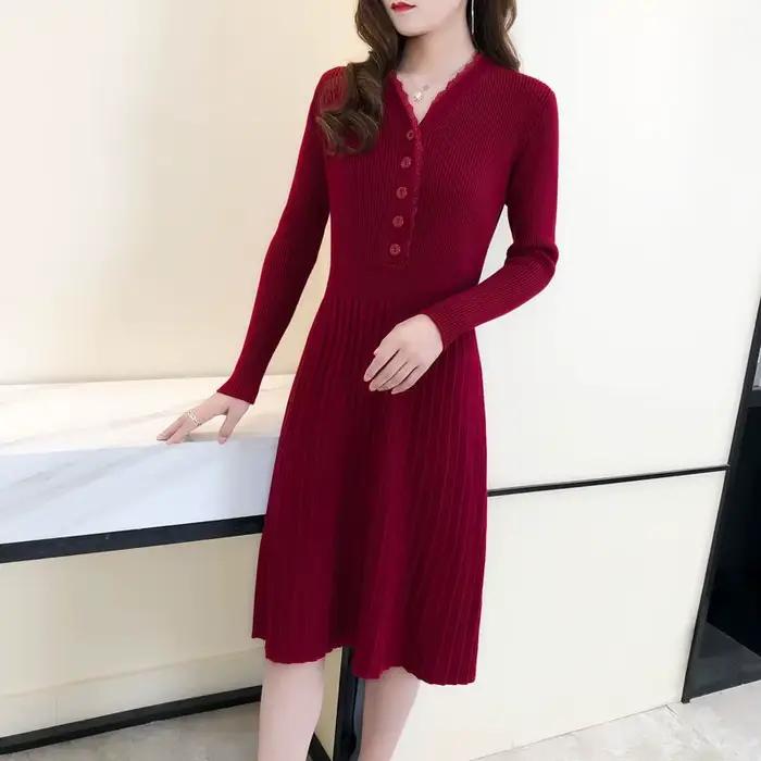 Couvrir la femme robe tricotée rouge Midi liquidation vente confortable Y2k décontracté tendance rétro robes au Crochet pour les femmes longueur au genou