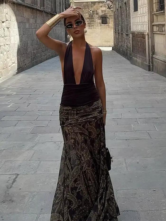 Jupe imprimée taille haute pour femmes, vêtements Vintage, imprimé Floral, taille élastique, grand ourlet, jupes mi-longues de vacances, automne
