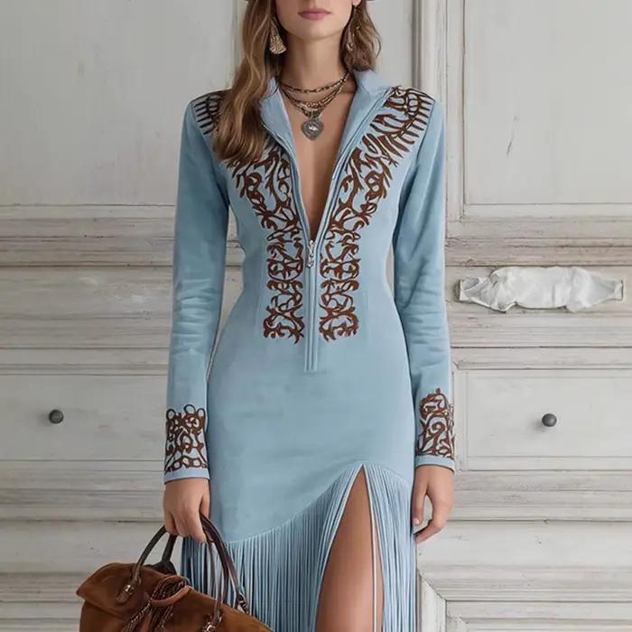 Robe longue à fermeture éclair de style ethnique rétro pour femme, jupe midi, tenue décontractée pour le travail, la danse, les soirées, la ville et les trajets quotidiens