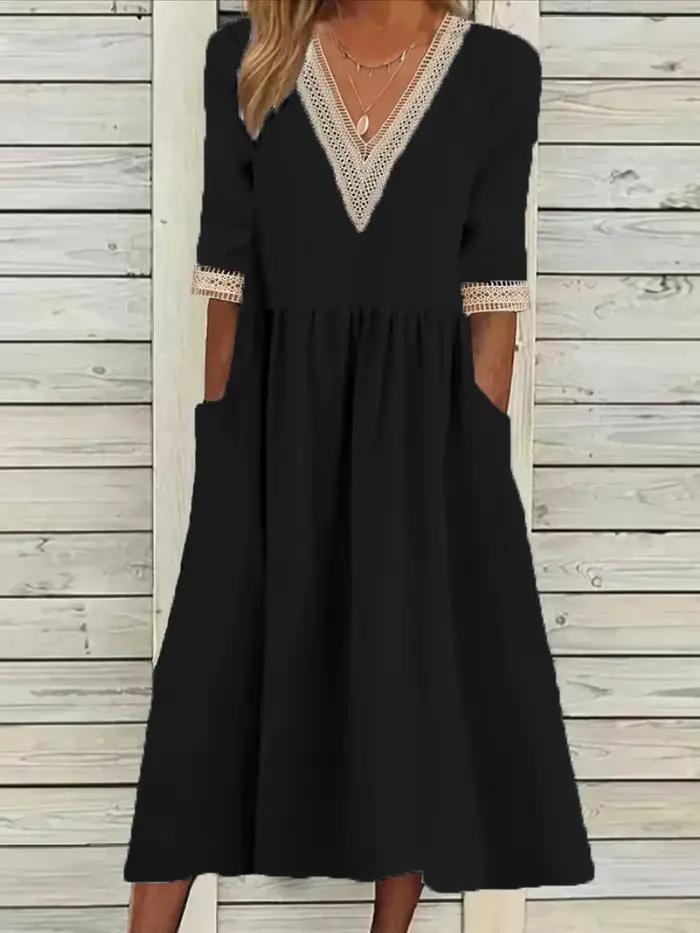 Robe mi-longue décontractée chic vintage en coton et lin à col en V et manches courtes pour femme – Nouvelle collection été 2026