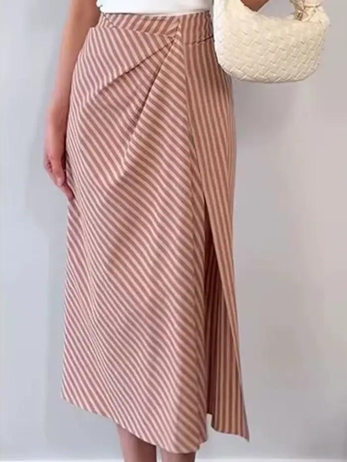 Jupes longues pour femmes Printemps-Été, Mode féminine, Taille haute, Rayées, Plissées, Fendues, Style streetwear, Décontractées, Vintage, Chic