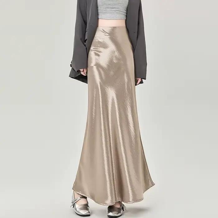 Jupe longue trapèze en satin à taille haute élastique pour femme