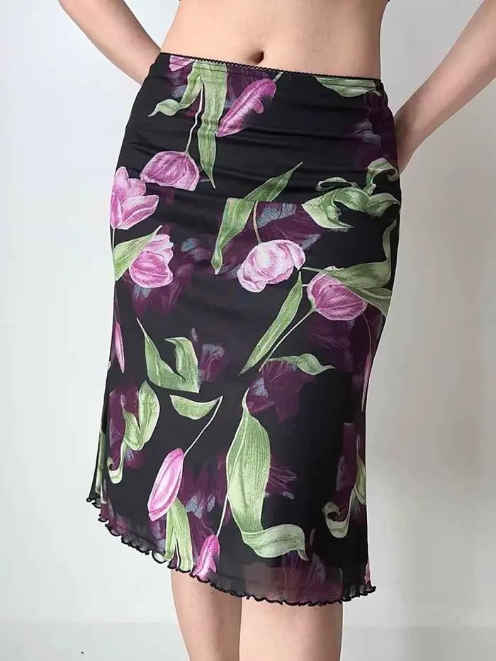Jupe Vintage Florale en Maille pour Femme