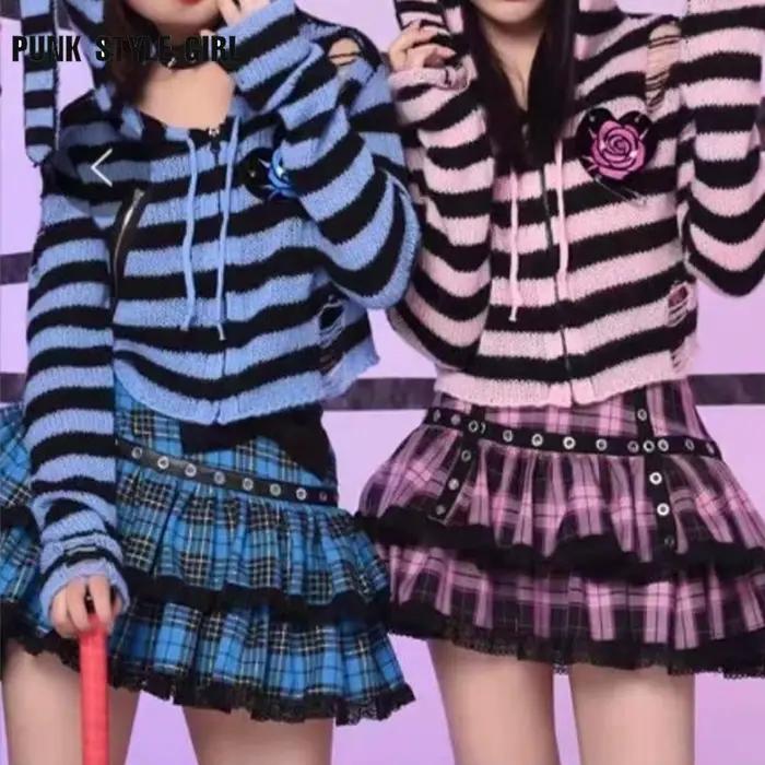 2025 bleu rose à volants gâteau Kawaii Mini jupe d'été taille haute Rivet Y2k fille chaude danse dentelle Harajuku filles Lolita fatigué jupes