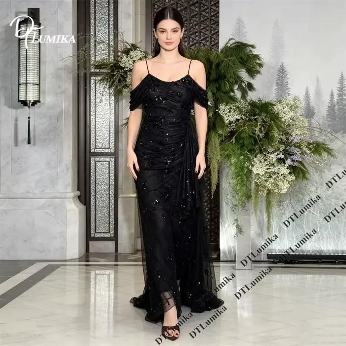 Robe de soirée longue en dentelle à fines bretelles pour femme, épaules dénudées, en tulle noir à sequins, style sirène, pour bal de promo et événements personnalisés