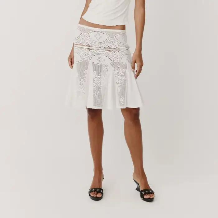 Jupe longue fluide mi-longue pour femme, transparente, à volants, taille haute, broderie florale, ajourée, pour l'été, la plage et les vacances