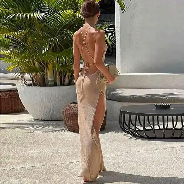Robe longue fendue sans manches pour femmes