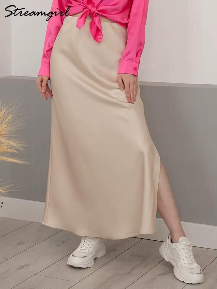 Femmes été Beige jupes longues tendances 2025 taille haute Maxi jupe d'été rayonne soie crayon côté fente Satin