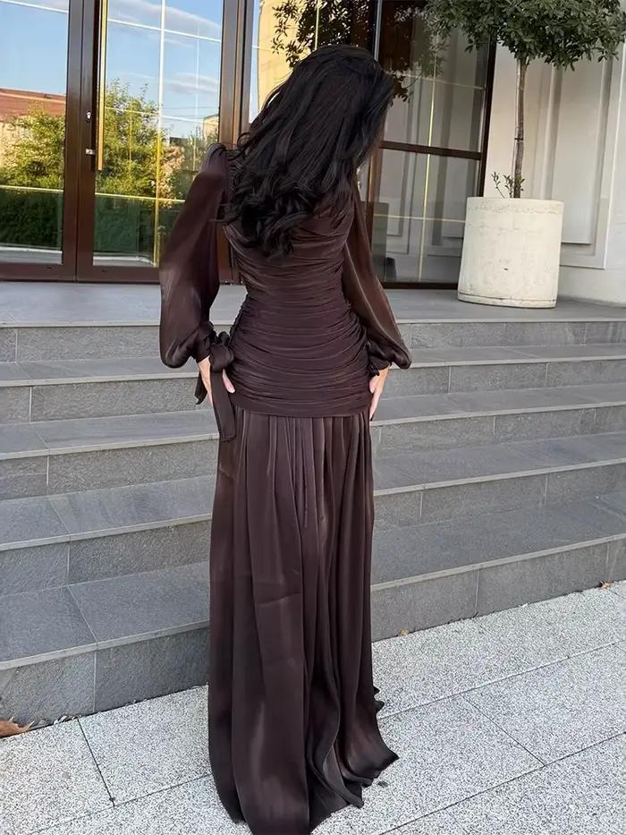 Robe longue unie drapée pour femme, collection 2026, décontractée, pour le quotidien, avec taille ajustée, élégante, col rond, manches longues, pour soirée
