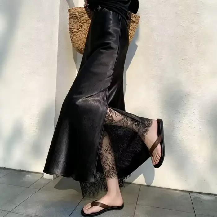 Jupe longue en satin d acétate à la mode avec empiècements en dentelle et fentes latérales pour femmes automne et occasions spéciales