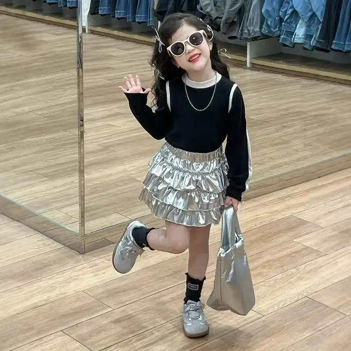 ​ 2025 nouveau printemps filles gâteau jupe automne enfants brillant métallique argent couches Tulle Mini jupe taille élastique enfant en bas âge jupe 2-7 Y