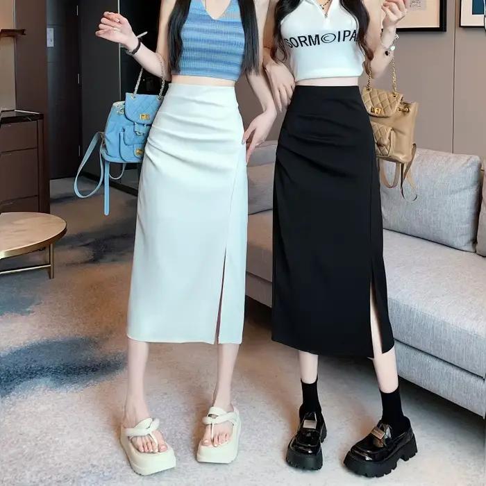 Jupe mi-longue évasée taille haute avec fente pour femme