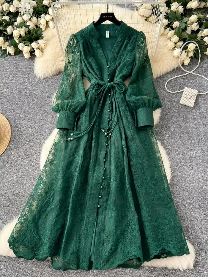 Luxe élégant Vintage broderie florale longue robe femmes printemps été à manches longues simple boutonnage dentelle Evenig robes de soirée