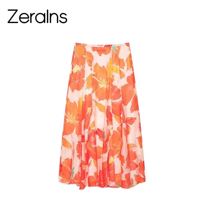 ZEAINS Nouvelle Collection Été 2026 – Jupe Mi-Longue Évasée Imprimée Fleurs Style Vacances pour Femme
