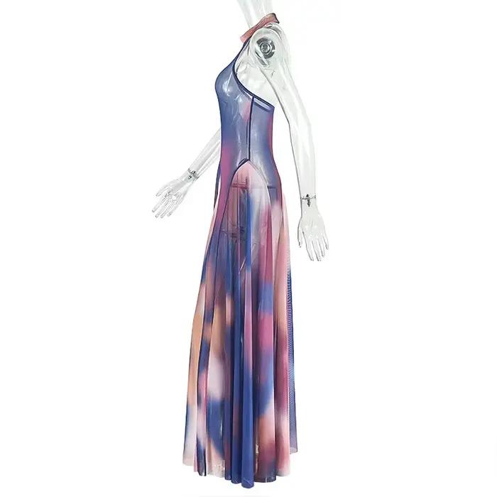 Robe longue trapèze plissée à imprimé dégradé pour femme, dos nu, sans manches, avec ceinture, sexy