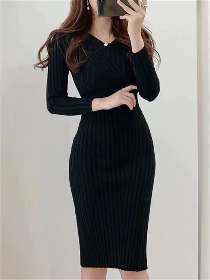 Robe pull en tricot pour femmes, Vintage, paquet de tricot, hanche élégante, tricot élastique, robes mi-longues pour automne et hiver