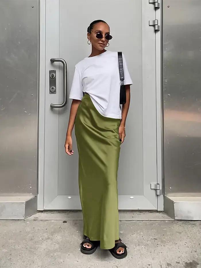 Jupes trompette élégantes en Satin noir, mode Slim, taille haute, jupe longue de bureau pour femmes, couleur unie, printemps été