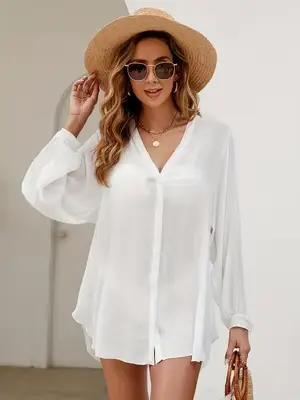 Robe de plage blanche texturée à manches longues pour femme