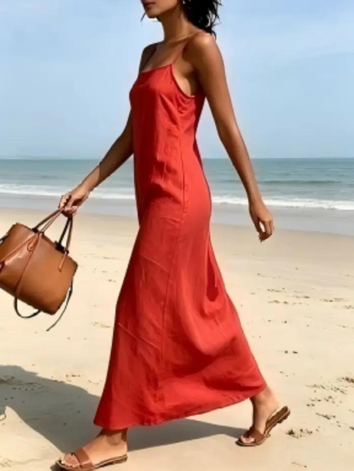 Robe longue droite à fines bretelles en lin rouge pour femme, robe d'été sophistiquée amincissante pour les vacances à la plage