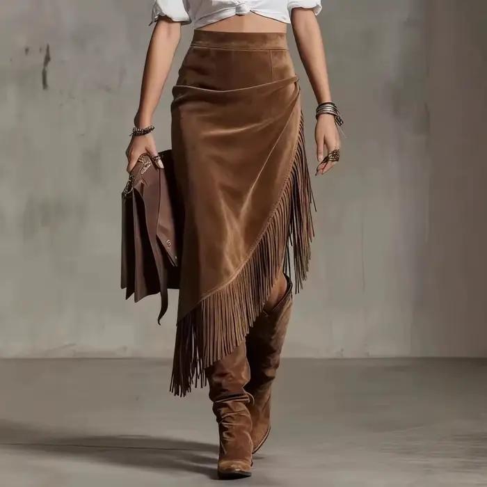 Jupe en daim de style western rétro, design irrégulier, jupe unie