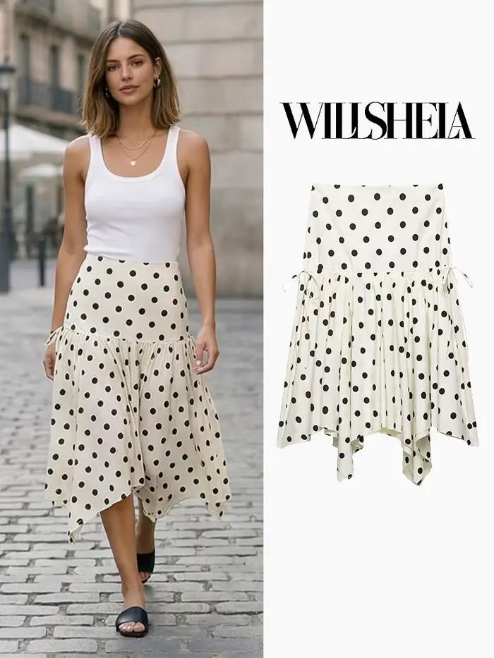 Willshela – jupe mi-longue plissée asymétrique à pois pour femmes, jupe Vintage taille haute avec fermeture éclair latérale, jupes chics pour dames