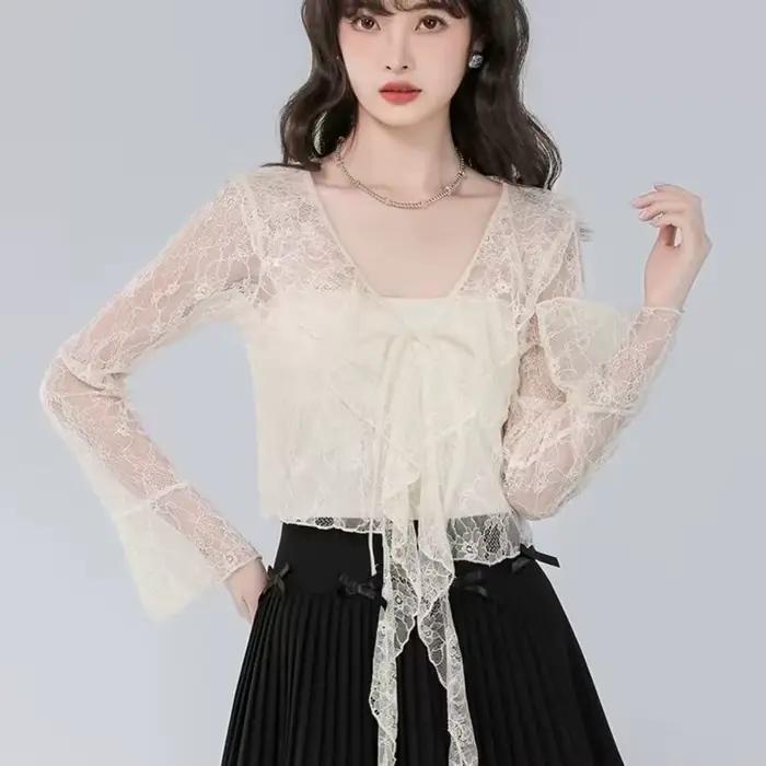 Manches longues mince respirant T-shirts femmes dentelle nœud Cardigan Blouse vêtements volants protection solaire