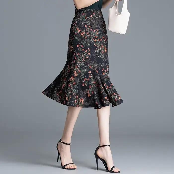 Jupe mi-longue sirène à imprimé floral pour femme