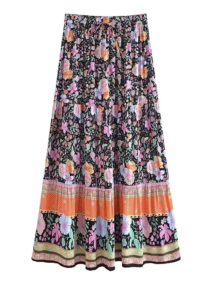 Boho Dinner ens-Jupe maxi plissée à pompons pour femmes, taille élastique, imprimé floral bleu, rayonne, plage, été, hiphélicoptère, vintage