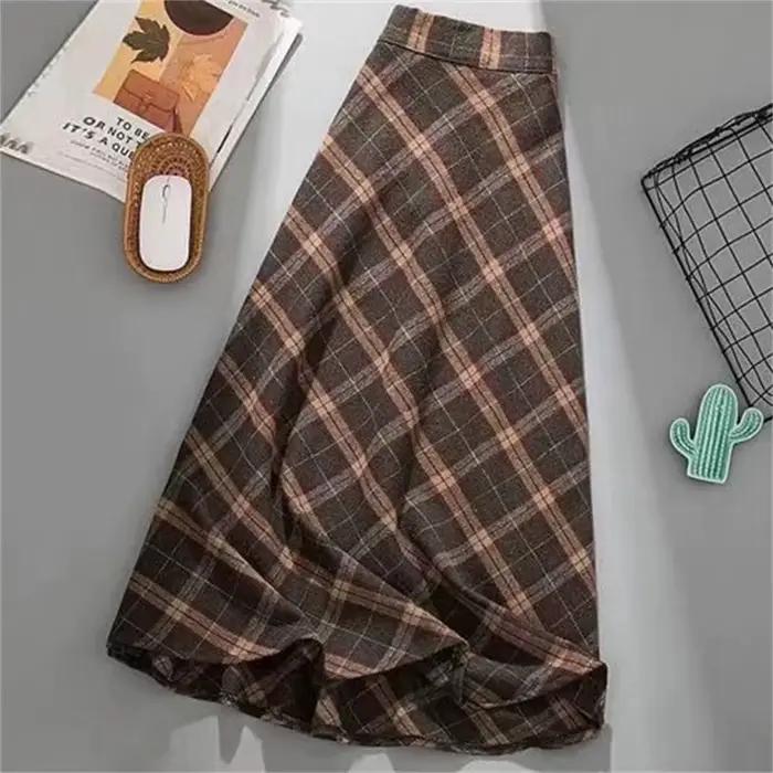 Jupe en laine à carreaux brun foncé pour femmes, coupe moderne, silhouette une ligne, tour de taille empire, printemps été, polyester voile, décoration none, mi-mollet
