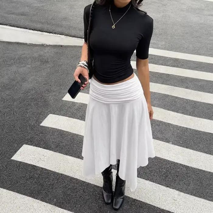 Jupe midi rétro Y2K asymétrique style bohème polyvalente simple nouvelle collection été en coton tricoté décontractée