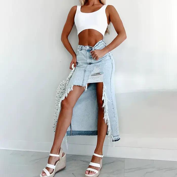 Jupes en Denim déchirées en détresse