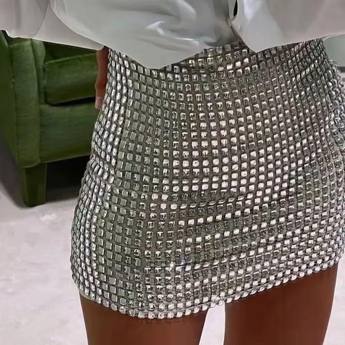 Été femmes paillettes mince a-ligne jupe dames Wrap hanche solide argent maille