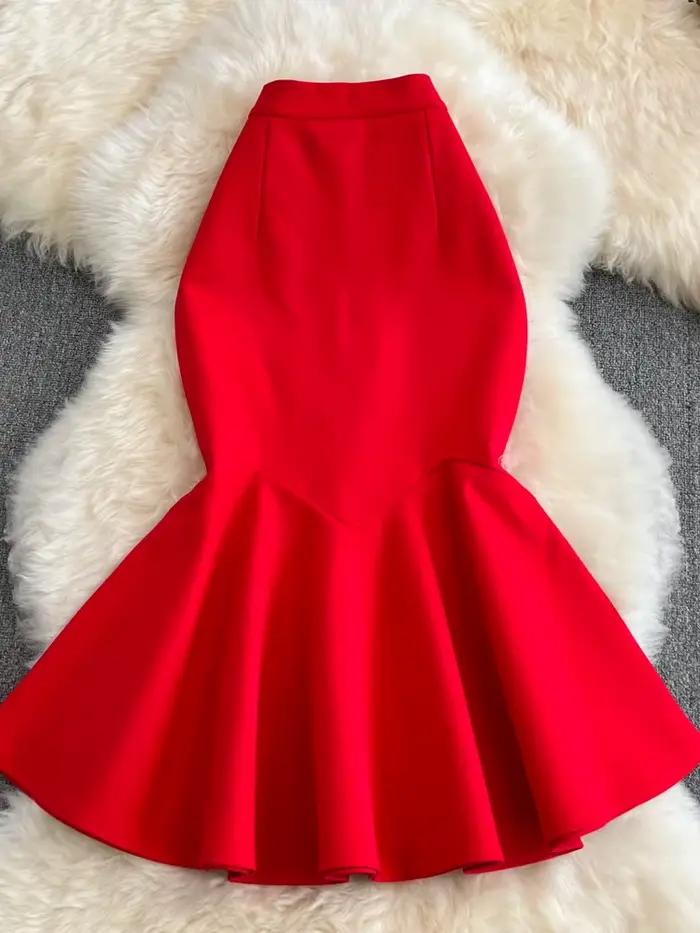Jupe trompent taille haute à volants pour femmes, jupe ronde sexy, élégante, monochromatique, bureau, printemps, été