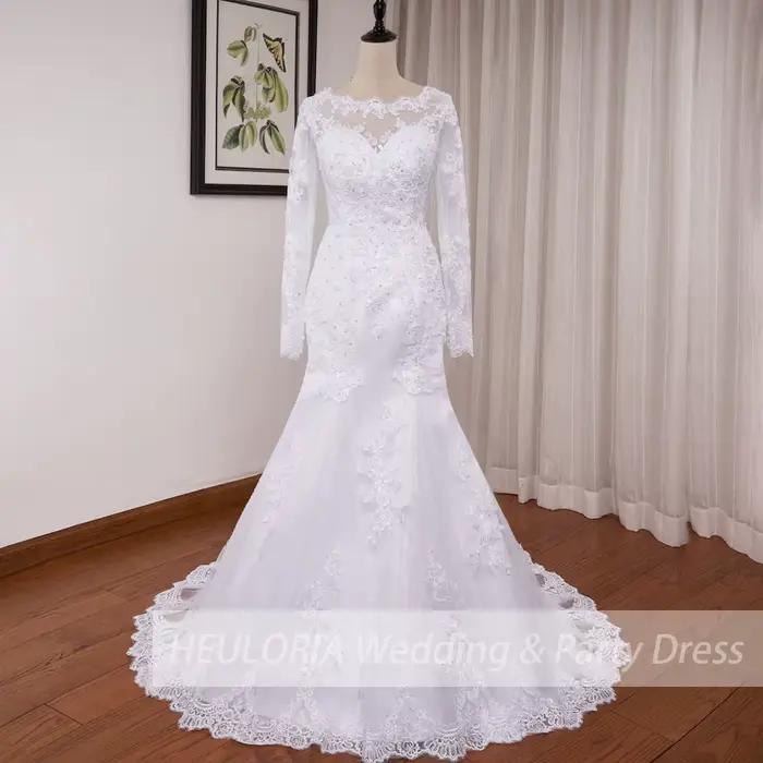 Robes de mariée sirène à manches longues col rond Robe de mariée blanche dentelle applique perles Robe de mariée Robe de mariage personnaliser