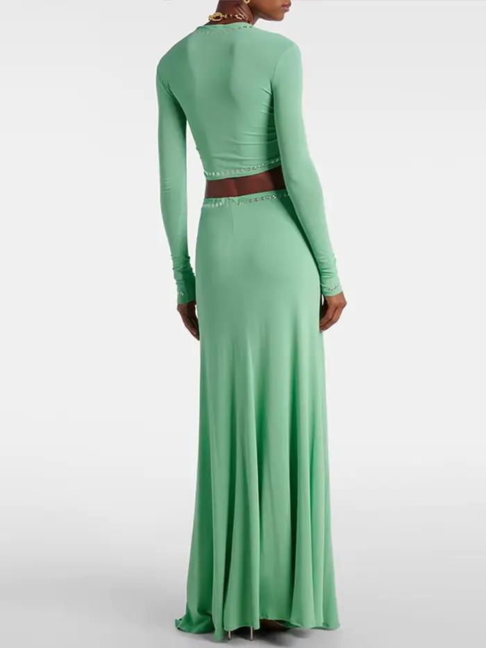 Nouvel ensemble 2 pièces jupe et haut asymétrique à manches longues ajouré pour femme