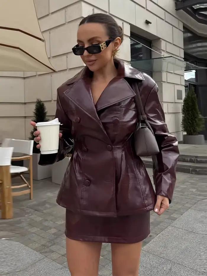 Ensemble de jupes 2 pièces en Faux cuir pour femmes, vestes à col à revers, manteau, coupe ample, vêtements d'extérieur Chic, Vintage, mode de rue, tenue pour dames