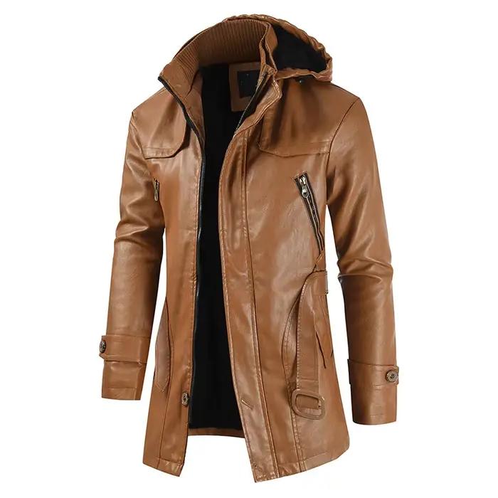 Blouson d'hiver en cuir PU homme, long et chaud, à capuche, à la mode